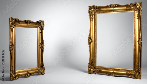 Ornate antique gold metallic frames with intricate rococo style detailing on a clean white background