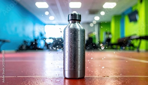 Cold stainless steel water bottle with condensation and water splashes in a modern gym setting
