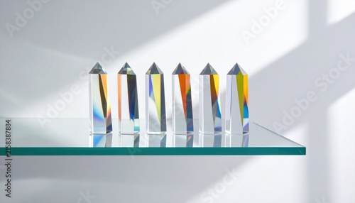 Six clear crystal prisms arranged in a line, refracting a rainbow spectrum of colors on a clean reflective surface