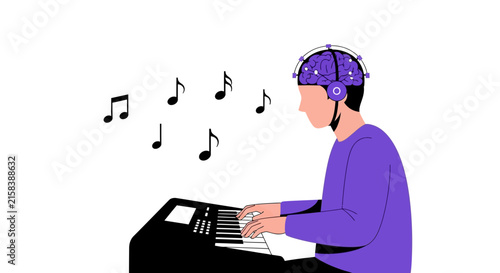 Neuroscience and Music Technology Concept Illustration: Man Wearing EEG Brain Headset Playing Digital Piano with Musical Notes