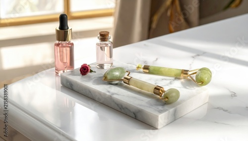 Smooth Jade Facial Rollers and Serum Bottles Arranged on a Marble Slab for Skincare