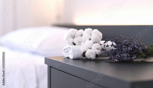 Soft Cotton Bolls and Dried Lavender Sprigs Resting on a Dark Surface Next to a White Rolled Towel