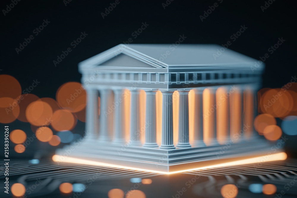 Fototapeta premium Digital rendering of a classical temple structure with glowing columns resting on a circuit board against a dark background.