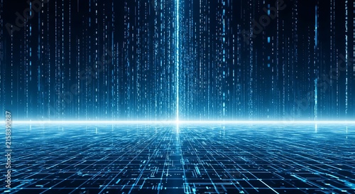 Futuristic digital horizon in blue cyberspace grid.