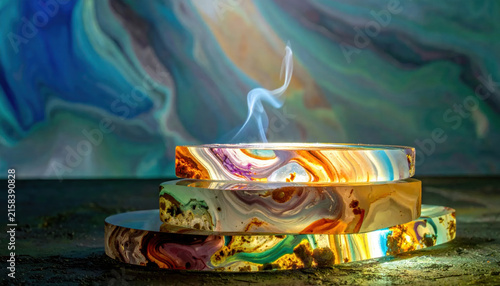 Stacked Colorful Banded Agate Slices with Gently Rising Smoke Illuminated by Soft Light