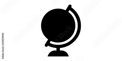 A striking black silhouette of a vintage terrestrial globe with stand and meridian ring silhouette. Black globe silhouette line icons with latitude and longitude grid on stand isolated on clean white 