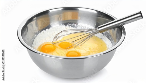 Stainless Steel Mixing Bowl With Raw Eggs and Flour Ready for Baking