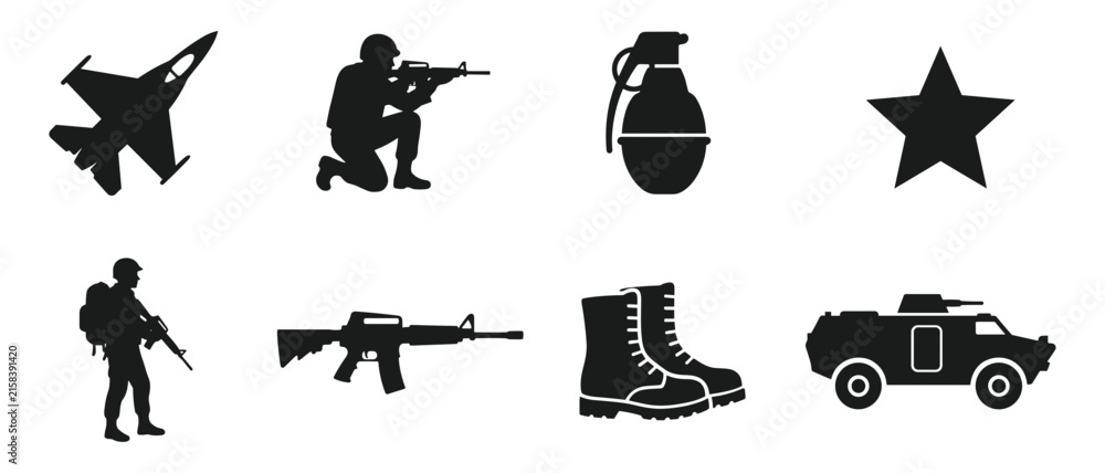 Fototapeta premium Set of black military silhouette icons featuring soldiers, weapons, vehicles, and equipment