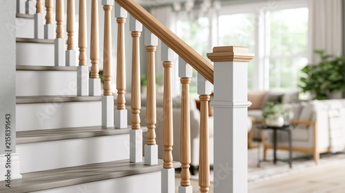 Close-up of a modern wooden staircase with white newel posts leading into a bright living room interior