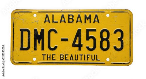 A yellow alabama license plate with black text isolated on transparent background