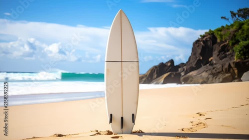 Surfboard standing upright on a pristine sandy beach with ocean waves