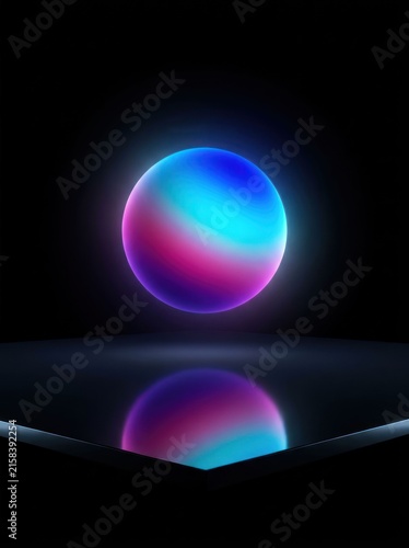 Abstract Glowing Sphere with Vibrant Neon Colors Reflected on Surface.