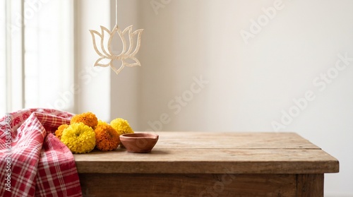 Bengali Festival Still Life with Clay Lamp Marigold Flowers and Traditional Fabric