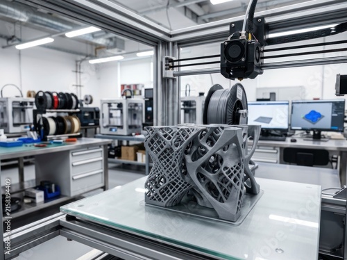 Obraz na płótnie Advanced 3D Printing Lab with Complex Object on Platform.