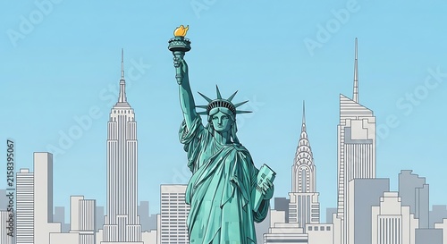 Statue of Liberty replica in modern cityscape background.