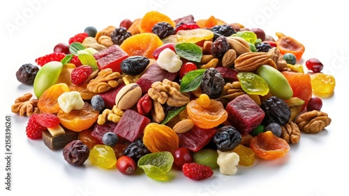 Colorful Variety of Dried Fruits and Nuts on White Background