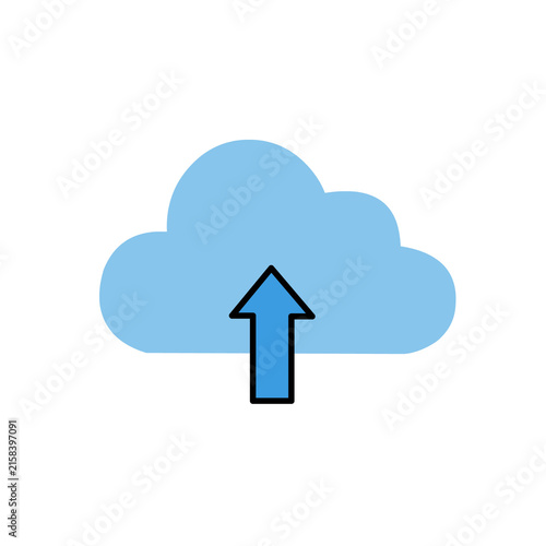 Blue cloud upload icon with upward arrow isolated on white background for file transfer and cloud storage