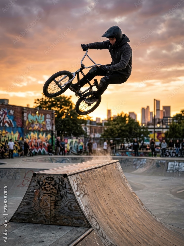 Fototapeta premium BMX Rider Soars Through Sunset Sky at Urban Skatepark.