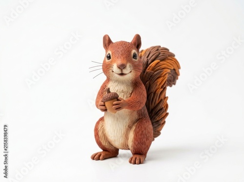 Charming Red Squirrel Figurine Holding an Acorn on a White Background.