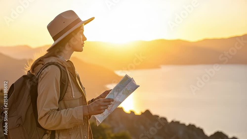 Young woman explorer with map enjoying golden sunset over scenic mountains