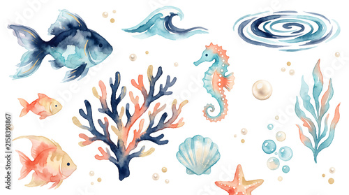 Watercolor Collection of Marine Animals and Coral Elements