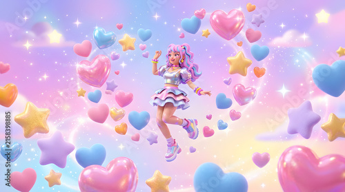 Joyful Girl Floating Among Hearts and Stars in Pastel Sky