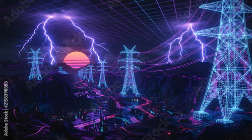 Neon Lightning Power Towers Over Futuristic Synthwave City