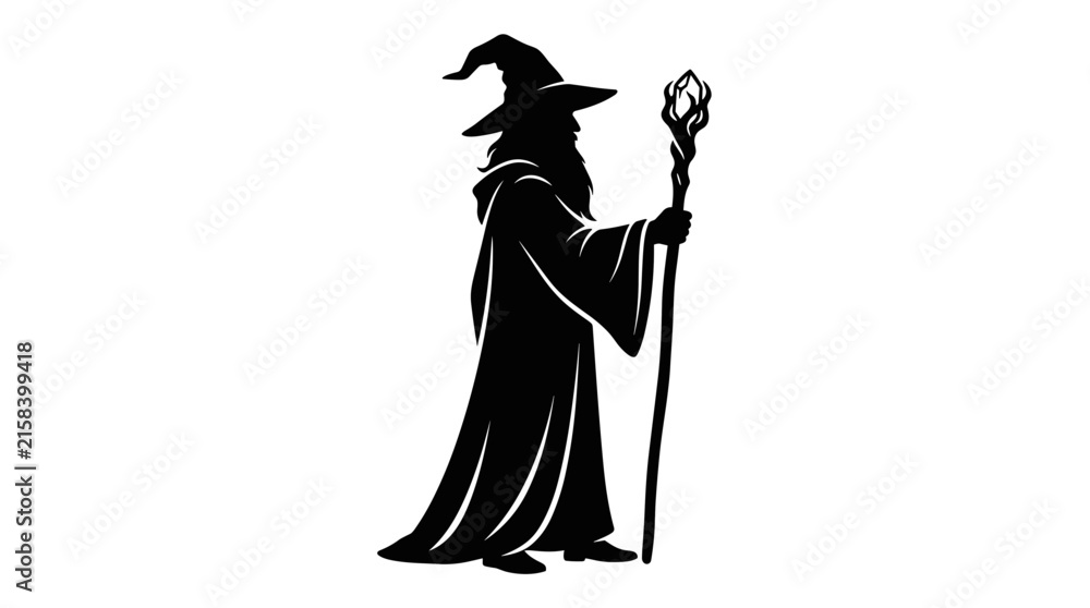 Fototapeta premium Silhouette of a wizard with a staff and a pointed hat