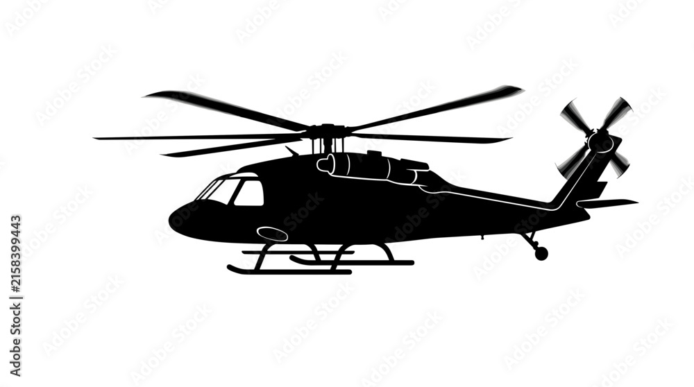 Fototapeta premium Black silhouette of a modern helicopter in flight against a white background