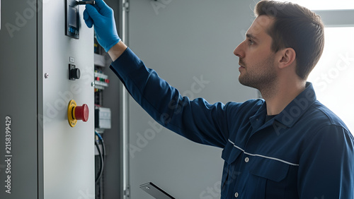Professional Technician Inspecting Industrial Control Panel