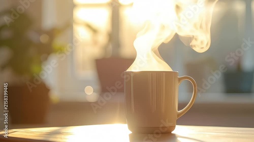 Steaming hot coffee mug on a sunlit table by a window