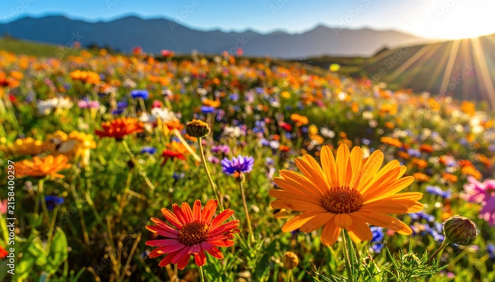 Obraz premium Vibrant Sun-Drenched Wildflower Meadow With Blooming Orange Daisies And Mountains