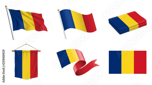 Romania flag set with blue yellow and red vertical stripes in waving folded and hanging positions.