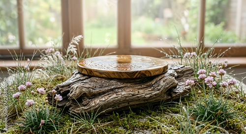 Minimalist 3D product display podium, natural composition. The central podium is made from a solid piece of ancient, weathered driftwood, polished smooth only on the top display surface. The surroundi