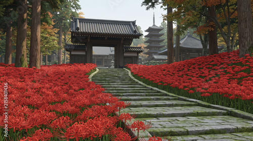 満開の彼岸花が咲く参道の石段と寺院の風景イラスト