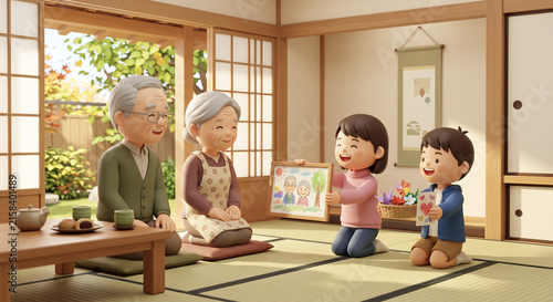 和室で祖父母に似顔絵をプレゼントする孫たちの3Dイラスト
