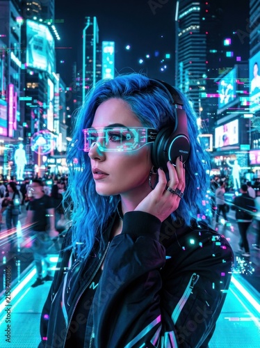 Cyberpunk Woman with Blue Hair and Futuristic Glasses in Neon City.