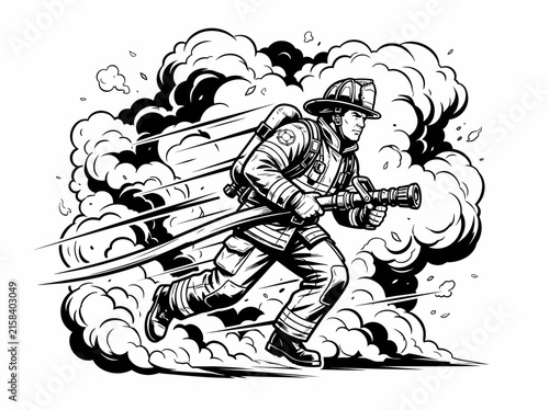 Fireman sprinting quickly through billowing smoke clouds while holding a water hose and wearing heavy protective turnout gear in a dynamic monochrome ink drawing style.