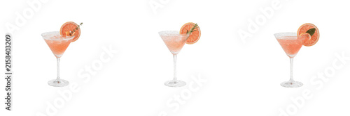 Set of Grapefruit Cocktail Martini Glasses Pink Summer Drink Alcohol Beverage Refreshment Orange Garnish Mocktail Party Vector Graphic Clip Art Isolated PNG Format