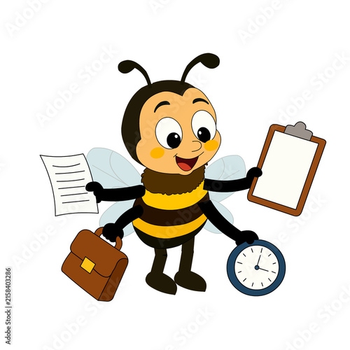 Cute cartoon bee worker holding clipboard and papers with briefcase and clock isolated on white background