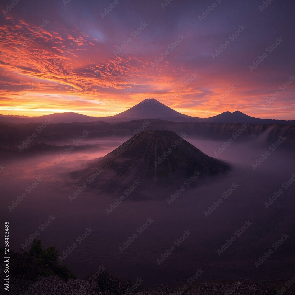 Fototapeta premium Dramatic sunrise sky over Mount Bromo volcano and caldera mist