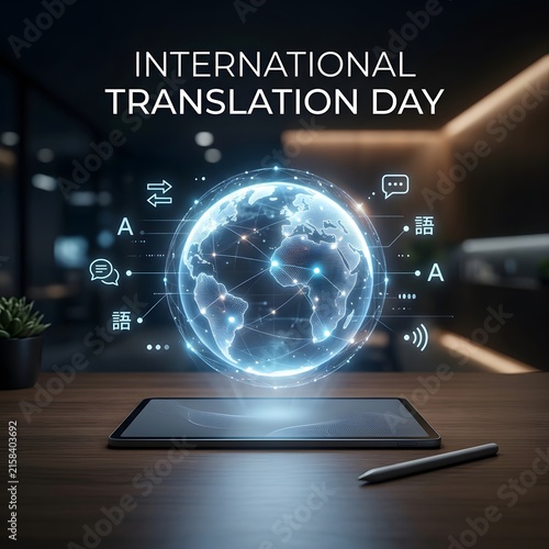 International translation day glowing earth globe with language icons on dark background