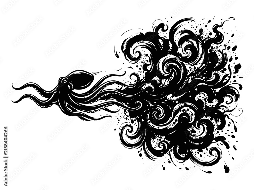 Fototapeta premium Cephalopod octopus releases a swirling plume of dark ink as it propels through water in a black ink artwork.