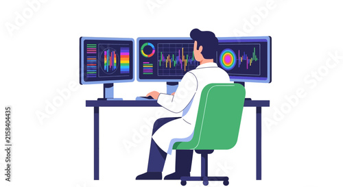 Scientist Analyst Monitoring Big Data on Multiple Screens Vector Illustration - Scientific Research and Laboratory Data Analytics Concept