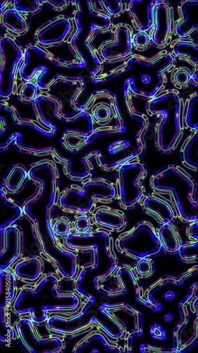 Looping animation of abstract glowing neon organic lines and maze shapes with chromatic aberration effect on dark blue background, vertical seamless loop