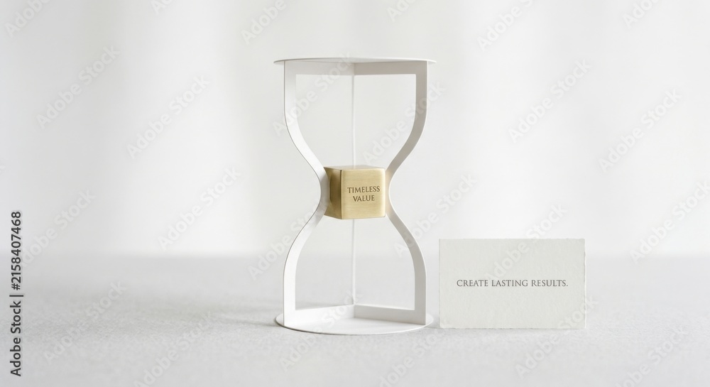 Obraz premium Minimalist White Hourglass on Transparent Background with 'Create Lasting Results' Card