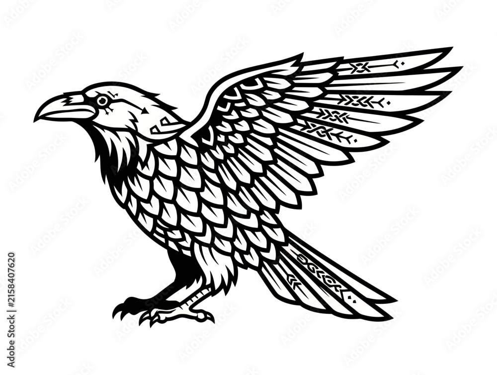 Fototapeta premium Black and white line art illustration of a majestic raven in a profile view