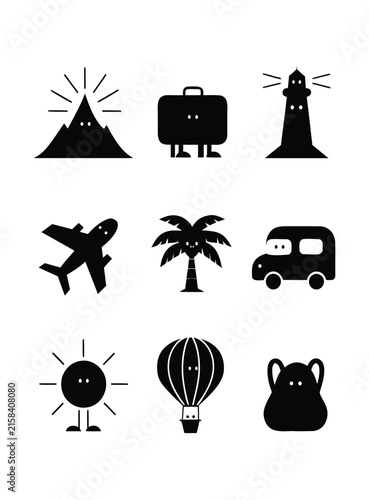 Travel Icons Set with Cute Cartoon Summer Vacation Elements
