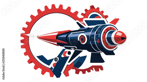 Rocket Ship Illustration with Stylized Mechanical Gears and Industrial Retro Design Elements