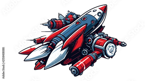 Spaceship Illustration in Retro Sci fi Style with Red and White Metallic Plating